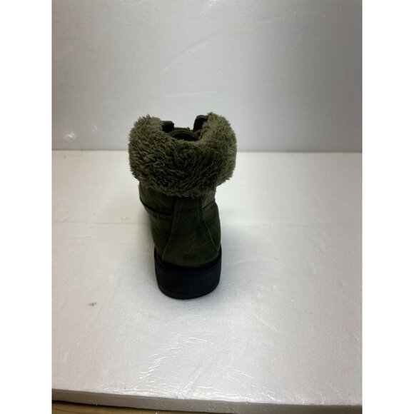 Womens Modern Rebel Olive Faux Suede Ankle Boots With Faux Fur Lining & Lace-Up - Picture 3 of 14
